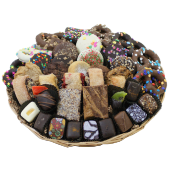 Collection of chocolate covered pretzels and Oreos, rugelach, brownies, dipped fruit and more from shiva.com. Kosher