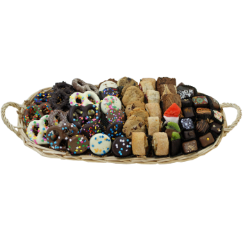 Treat basket with chocolate covered pretzels, Oreos, cookies, rugelach and more shiva.com. Kosher