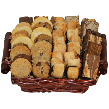 Sympathy bakery basket filled with gourmet and traditional treats from shiva.com. Kosher
