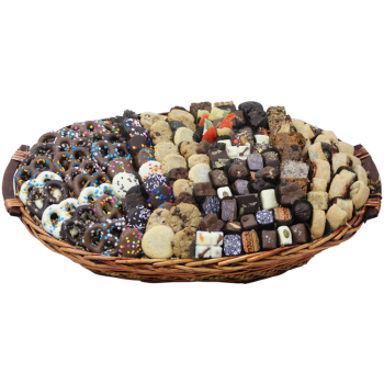 Lavish treat basket filled with gourmet chocolates, dipped Oreos, rugelach and more from shiva.com. Kosher