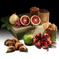 6lbs. fresh, seasonal fruits, roasted almonds, rugelach and chocolate-dipped pomegranate seeds from shiva.com.