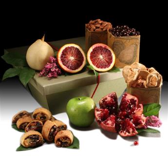 6lbs. fresh, seasonal fruits, roasted almonds, rugelach and chocolate-dipped pomegranate seeds from shiva.com.