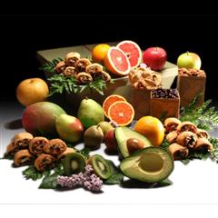 12 seasonal fruits, roasted almonds, dried apples, 3 rugelach and chocolate-dipped pomegranate seeds from shiva.com.