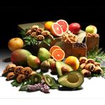 12 seasonal fruits, roasted almonds, dried apples, 3 rugelach and chocolate-dipped pomegranate seeds from shiva.com.