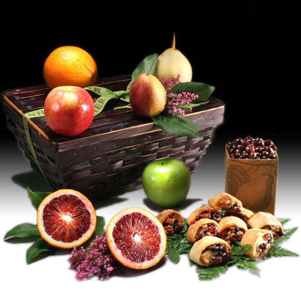 6 fresh, seasonal fruits, roasted almonds, 3 rugelach, chocolate-dipped pomegranate seeds and more from shiva.com.