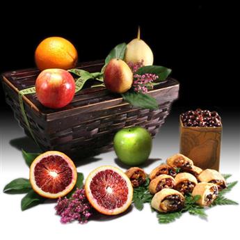 6 fresh, seasonal fruits, roasted almonds, 3 rugelach, chocolate-dipped pomegranate seeds and more from shiva.com.