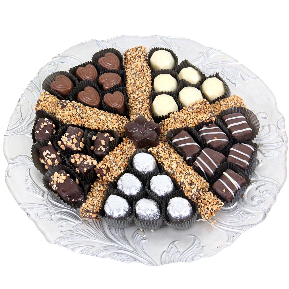 Glass tray filled with sweets and truffles from shiva.com. Kosher