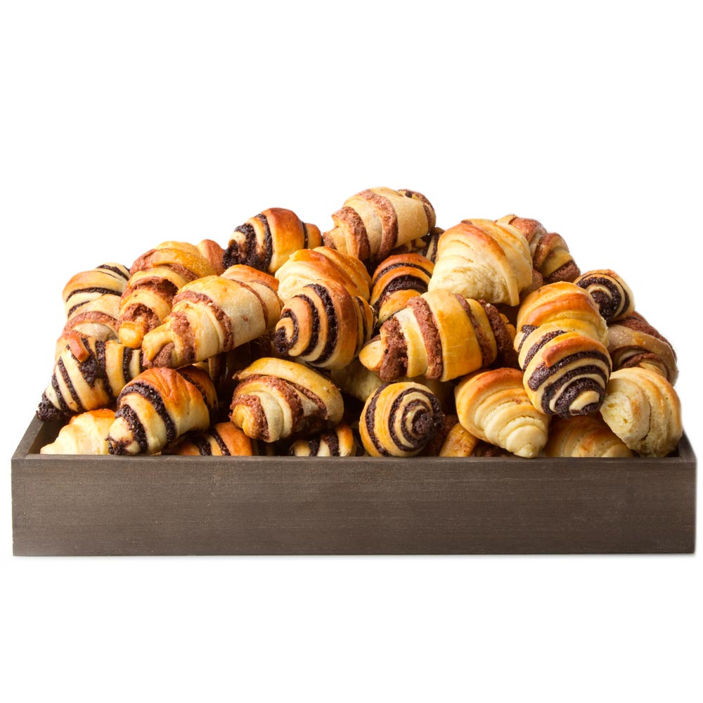 Freshly baked chocolate, cinnamon and vanilla rugelach tray from shiva.com. Kosher