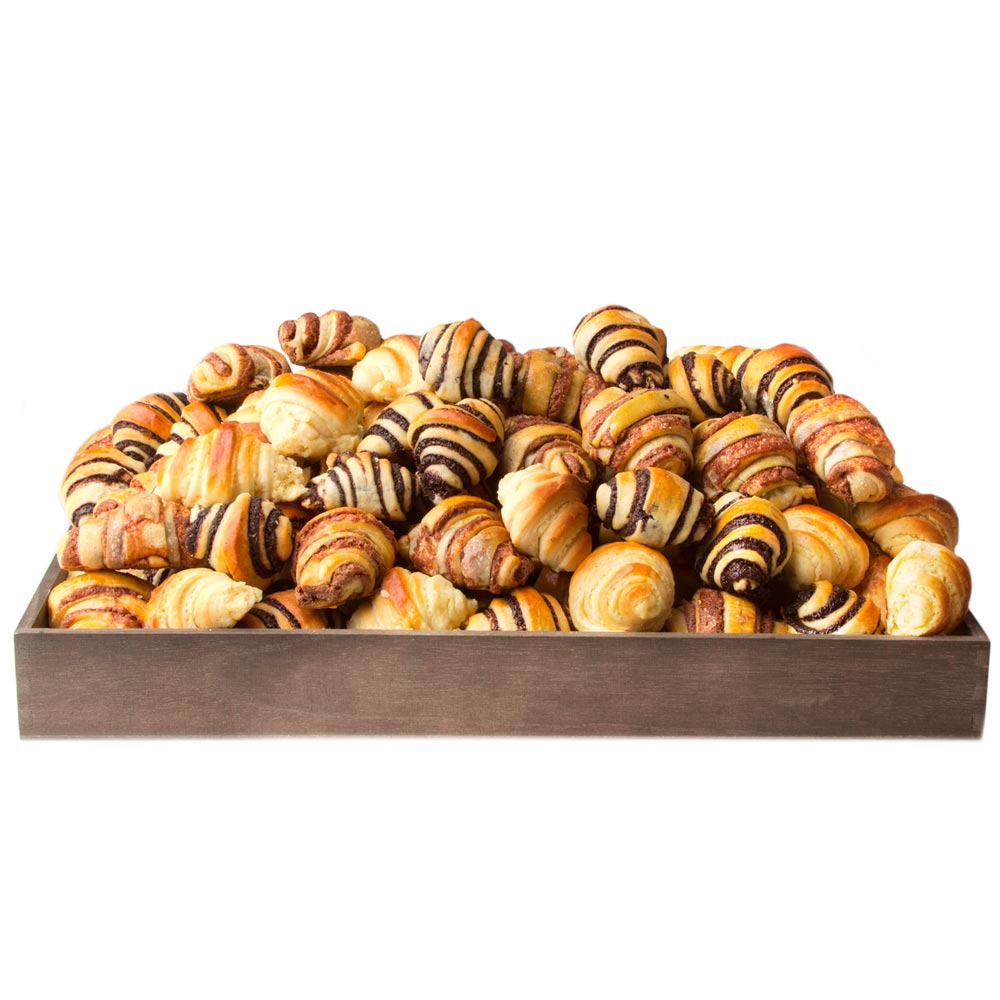 Freshly baked chocolate, cinnamon and vanilla rugelach tray from shiva.com. Kosher