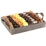 Gourmet chocolates, Viennese crunch, premium nuts, and more on a wooden tray from shiva.com. Kosher
