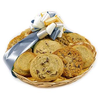 Comforting Cookie Basket with fresh baked chocolate chip, oatmeal raisin and snickerdoodle cookies from shiva.com. Kosher