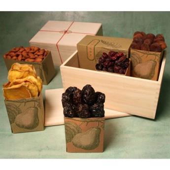 4lbs. of dried apricots, cherries, plums, mangos and roasted almonds in a wooden keepsake box from shiva.com.
