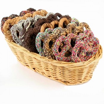 Basket of 24 double dipped chocolate pretzels topped with premium sprinkles, nuts and more from shiva.com. Kosher