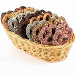 Basket of 24 double dipped chocolate pretzels topped with premium sprinkles, nuts and more from shiva.com. Kosher