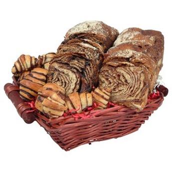 Traditional gourmet bakery basket with babka and rugelach from shiva.com. Kosher
