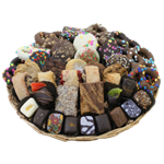 Collection of chocolate covered pretzels and Oreos, rugelach, brownies, dipped fruit and more from shiva.com. Kosher