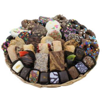 Collection of chocolate covered pretzels and Oreos, rugelach, brownies, dipped fruit and more from shiva.com. Kosher