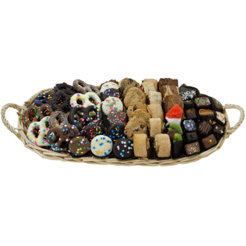 Treat basket with chocolate covered pretzels, Oreos, cookies, rugelach and more shiva.com. Kosher