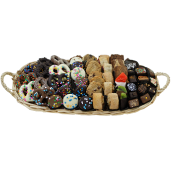 Treat basket with chocolate covered pretzels, Oreos, cookies, rugelach and more shiva.com. Kosher