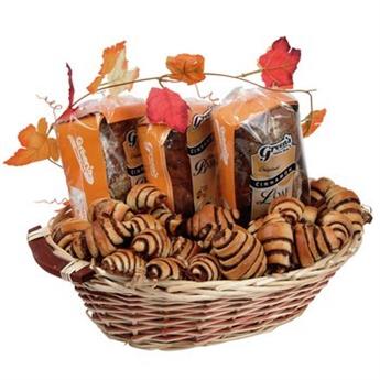 Gourmet cinnamon bakery basket with babka, sweet loaves and rugelach from shiva.com. Kosher