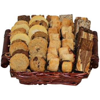 Sympathy bakery basket filled with gourmet and traditional treats from shiva.com. Kosher