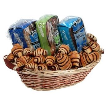 Signature condolence basket with 2 chocolate babka, 1 chocolate loaf and rugelach from shiva.com. Kosher