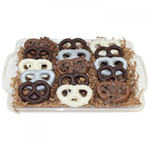 15 double dipped chocolate pretzels on a glass platter from shiva.com. Kosher