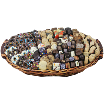 Lavish treat basket filled with gourmet chocolates, dipped Oreos, rugelach and more from shiva.com. Kosher